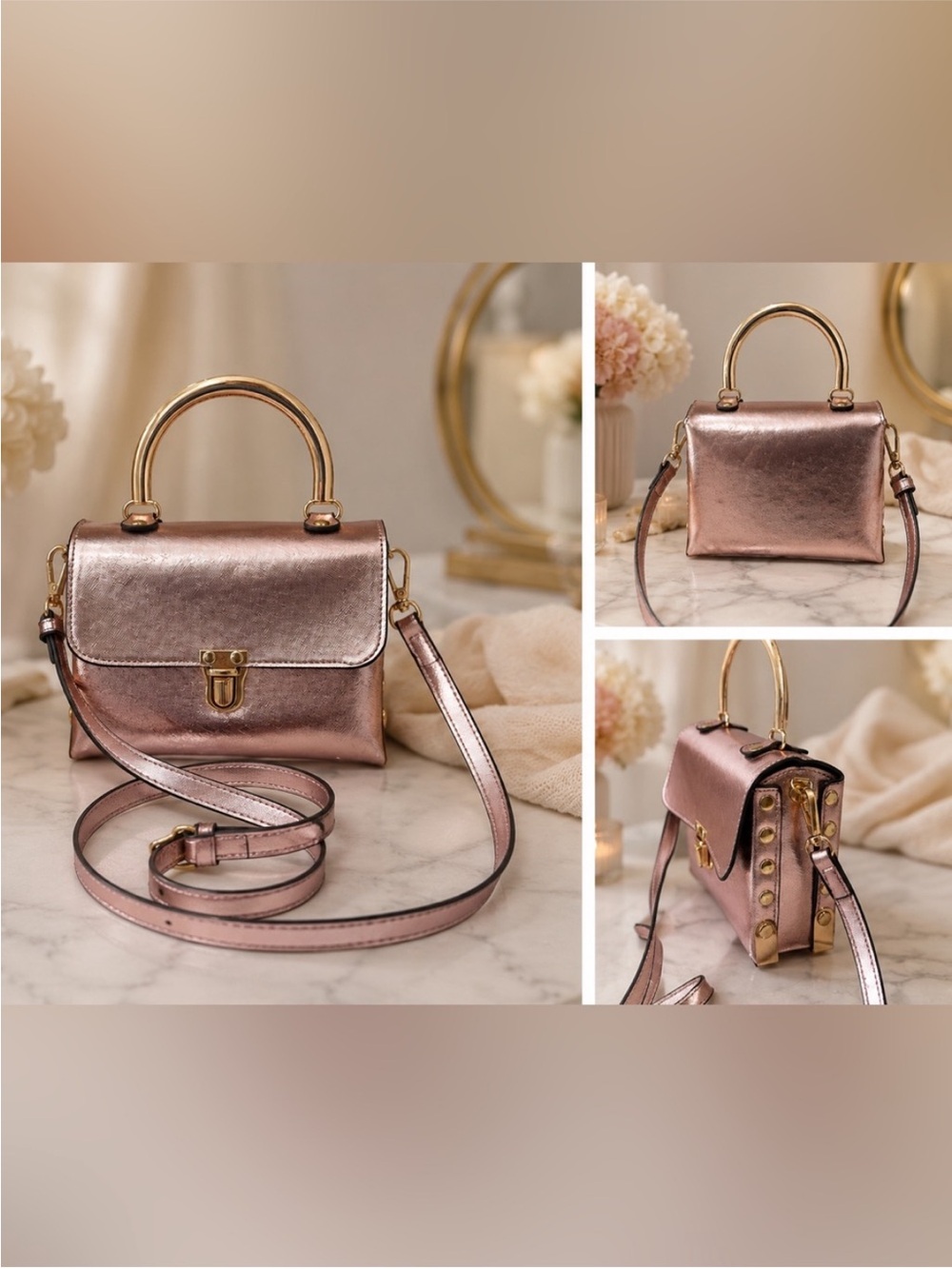 Metallic Rose Gold Top-Handle Crossbody Bag